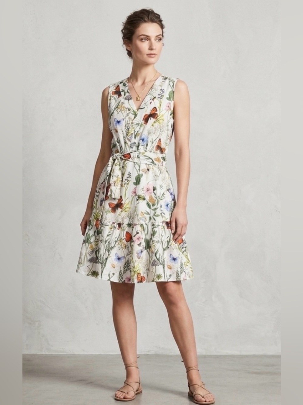 Christian Lacroix White Floral & Butterfly V-Neck Midi Dress L